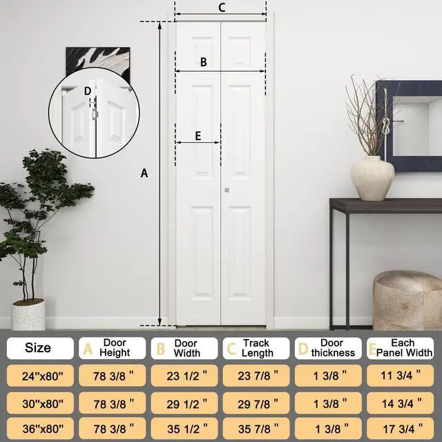 Alt view image 2 of 6 - 24 in.x 80 in. Bifold Barn Door, 6 Panel White Primed Bifold Closet Door, Hollow Core Interior Barn Doors with Hardware Kit
