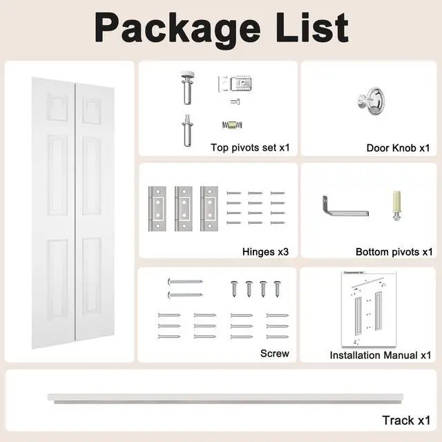 Alt view image 3 of 6 - 24 in.x 80 in. Bifold Barn Door, 6 Panel White Primed Bifold Closet Door, Hollow Core Interior Barn Doors with Hardware Kit