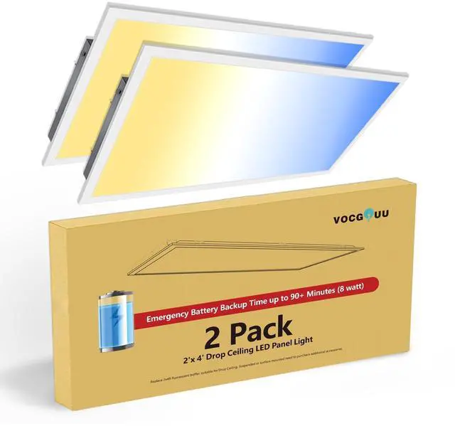 Main image of 2-Pack 2x4 LED Flat Panel Light with Emergency Battery Backup, 90-Min Emergency Mode at 8W, 30W/40W/50W Wattage Switchable, 3000K/4000K/5000K Selectable, 100-277V, 0-10V Dimmable, UL & ETL