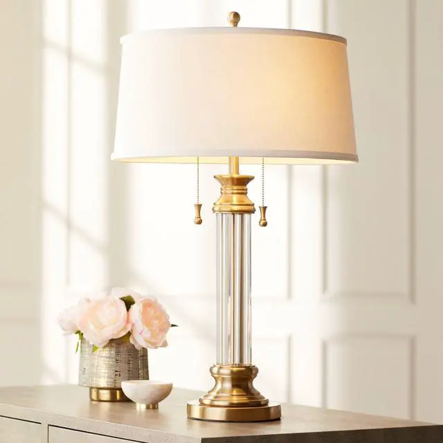 Main image of Rolland Traditional Table Lamp 30" Tall Antique Brass Glass Column Off White Tapered Drum Shade Decor for Living Room Bedroom House Bedside Nightstand Home Office Entryway