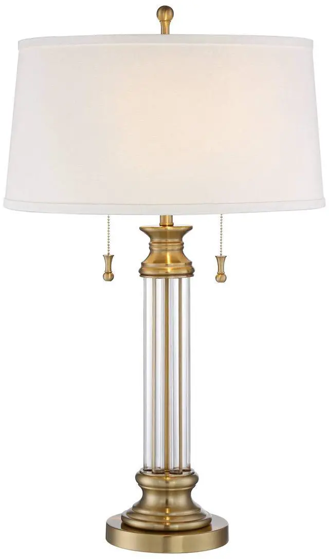 Alt view image 2 of 6 - Rolland Traditional Table Lamp 30" Tall Antique Brass Glass Column Off White Tapered Drum Shade Decor for Living Room Bedroom House Bedside Nightstand Home Office Entryway