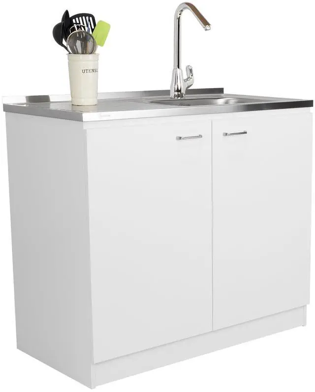 Main image of 39" Salento Utility Freestanding Sink with Cabinet 35.4" H x 39.3" W - Double Door, Two Shelves, Metal Handles, Aluminum Countertop, White, with Integrated Steel Sink Freestanding Utilit