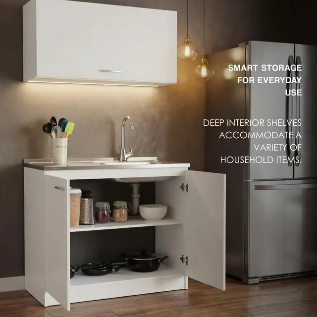 Alt view image 2 of 6 - 39" Salento Utility Freestanding Sink with Cabinet 35.4" H x 39.3" W - Double Door, Two Shelves, Metal Handles, Aluminum Countertop, White, with Integrated Steel Sink Freestanding Utilit