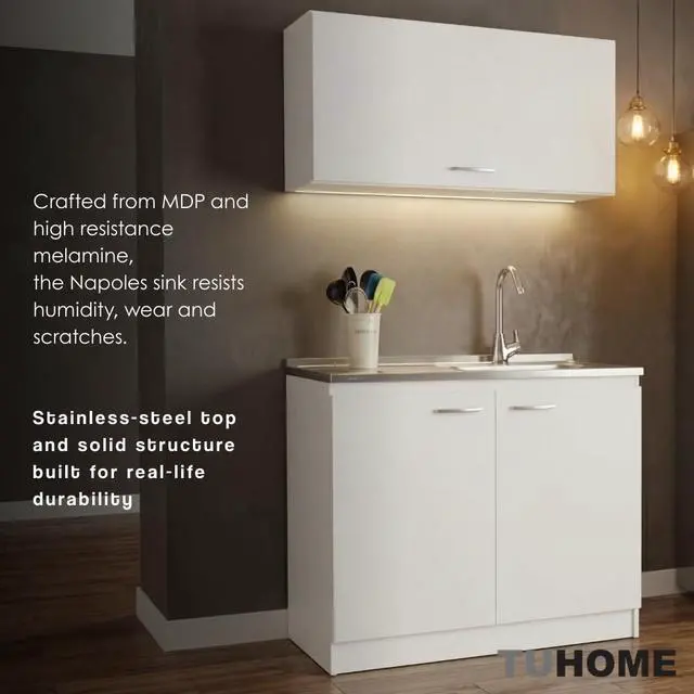 Alt view image 3 of 6 - 39" Salento Utility Freestanding Sink with Cabinet 35.4" H x 39.3" W - Double Door, Two Shelves, Metal Handles, Aluminum Countertop, White, with Integrated Steel Sink Freestanding Utilit