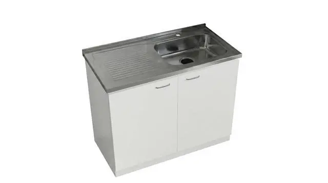 Alt view image 4 of 6 - 39" Salento Utility Freestanding Sink with Cabinet 35.4" H x 39.3" W - Double Door, Two Shelves, Metal Handles, Aluminum Countertop, White, with Integrated Steel Sink Freestanding Utilit