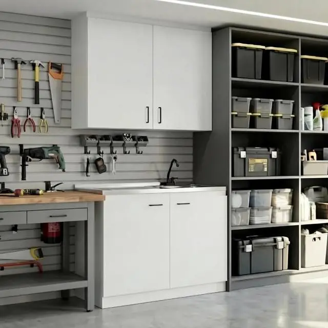 Alt view image 5 of 6 - 39" Salento Utility Freestanding Sink with Cabinet 35.4" H x 39.3" W - Double Door, Two Shelves, Metal Handles, Aluminum Countertop, White, with Integrated Steel Sink Freestanding Utilit