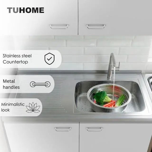 Alt view image 6 of 6 - 39" Salento Utility Freestanding Sink with Cabinet 35.4" H x 39.3" W - Double Door, Two Shelves, Metal Handles, Aluminum Countertop, White, with Integrated Steel Sink Freestanding Utilit