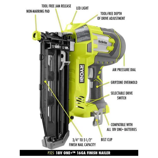 Alt view image 2 of 6 - P325 One+ 18V Lithium Ion Battery Powered Cordless 16 Gauge Finish Nailer (Battery Not Included, Power Tool Only) | Battery and Charger Sold separately