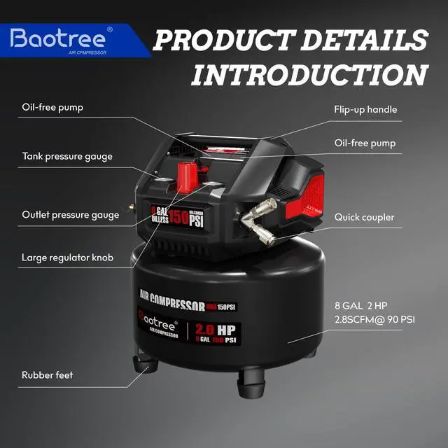 Alt view image 4 of 6 - 8 Gallon Portable Air Compressor, 2HP Motor 2.8SCFM@90 PSI,3.8SCFM@40PSl Max 150PSI Oil Free Air Compressor Tank, Garage Air Compressors for Car Repair, Spray Painting, Woodwork Nailing