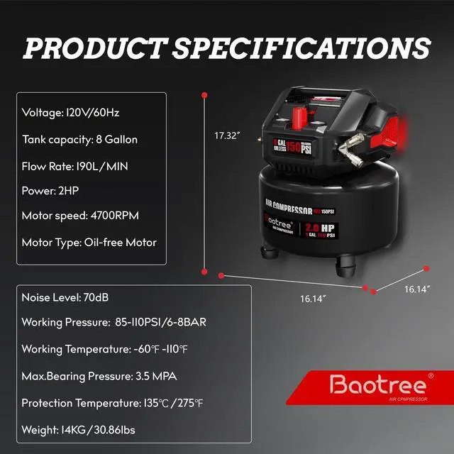Alt view image 5 of 6 - 8 Gallon Portable Air Compressor, 2HP Motor 2.8SCFM@90 PSI,3.8SCFM@40PSl Max 150PSI Oil Free Air Compressor Tank, Garage Air Compressors for Car Repair, Spray Painting, Woodwork Nailing