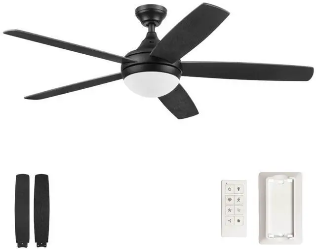 Main image of 52" Ceiling Fan with LED Light, Remote, 5 Reversible Blades & 2 Mounting Options, Ashby - Matte Black/Ebony Wood Grain