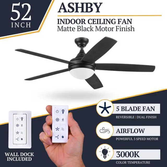 Alt view image 3 of 6 - 52" Ceiling Fan with LED Light, Remote, 5 Reversible Blades & 2 Mounting Options, Ashby - Matte Black/Ebony Wood Grain