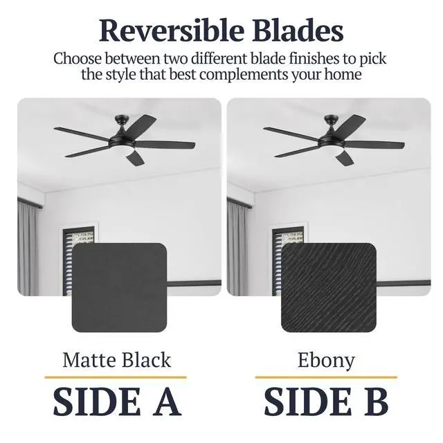 Alt view image 4 of 6 - 52" Ceiling Fan with LED Light, Remote, 5 Reversible Blades & 2 Mounting Options, Ashby - Matte Black/Ebony Wood Grain