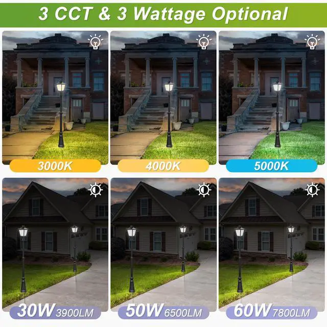 Alt view image 3 of 6 - LED Lantern Post Top Light, 30W/50W/60W Adjustable, 3000K/4000K/5000K CCT Tunable, 100-277V Outdoor Commercial Pole Light Fixture, UL Listed, for Garden & Street Lighting