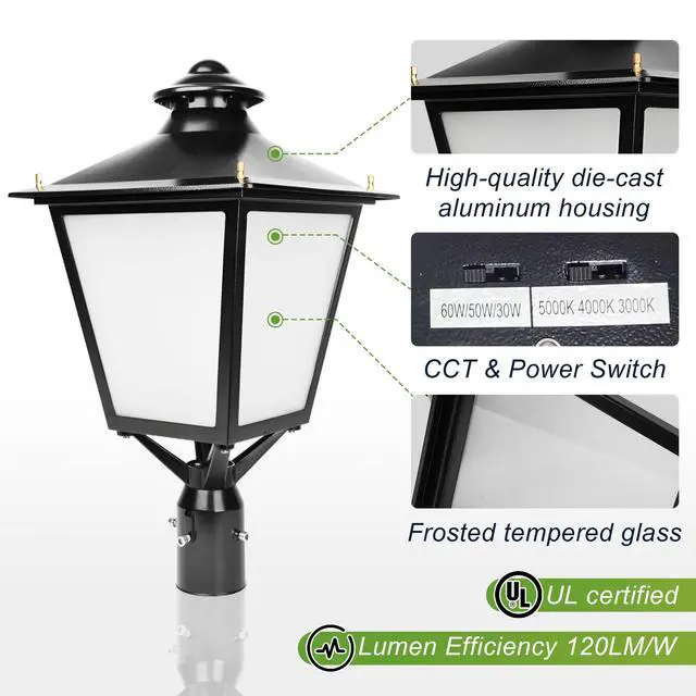 Alt view image 4 of 6 - LED Lantern Post Top Light, 30W/50W/60W Adjustable, 3000K/4000K/5000K CCT Tunable, 100-277V Outdoor Commercial Pole Light Fixture, UL Listed, for Garden & Street Lighting