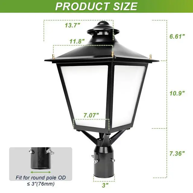 Alt view image 6 of 6 - LED Lantern Post Top Light, 30W/50W/60W Adjustable, 3000K/4000K/5000K CCT Tunable, 100-277V Outdoor Commercial Pole Light Fixture, UL Listed, for Garden & Street Lighting