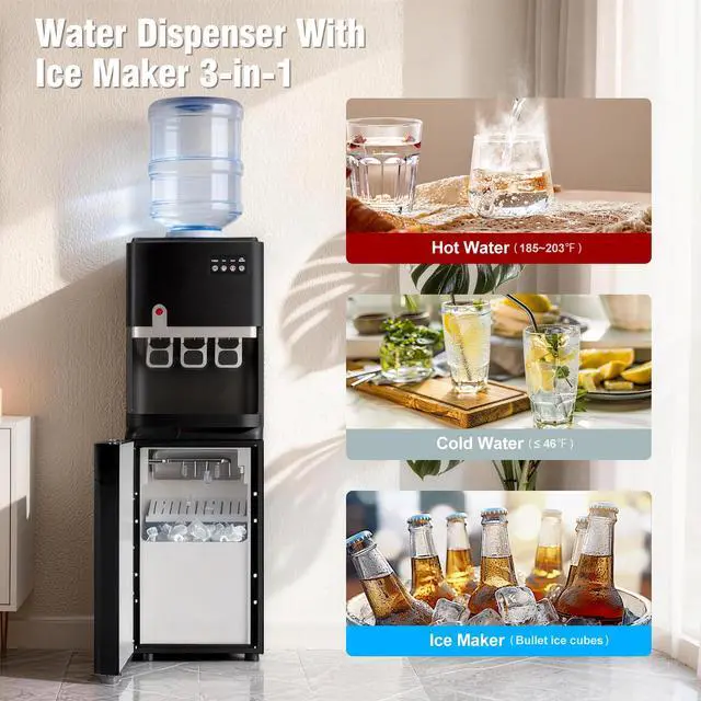Alt view image 3 of 6 - 4-in-1 Water Dispenser with Ice Maker, Hot & Cold & Room Temperature Top Loading Water Cooler with Fast Ice Making, Child Lock, 5 Gallon Bottles, for Home and Office