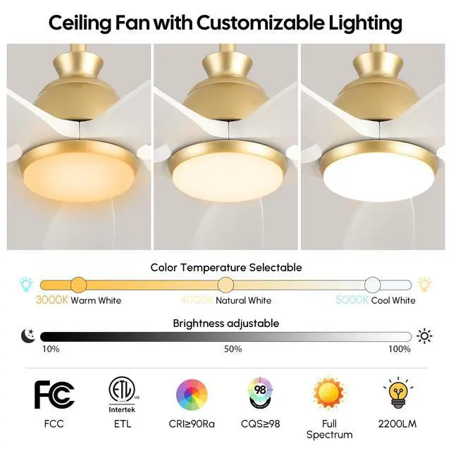 Alt view image 2 of 6 - 60 Inch White Outdoor Ceiling Fan with Light, Modern Gold Finish 5 Soild Wood Blade, Damp Rated High CFM, Remote Control, Quiet Reversible DC Motor, for Living Room Exterior Patio Porch, 3 Downrod
