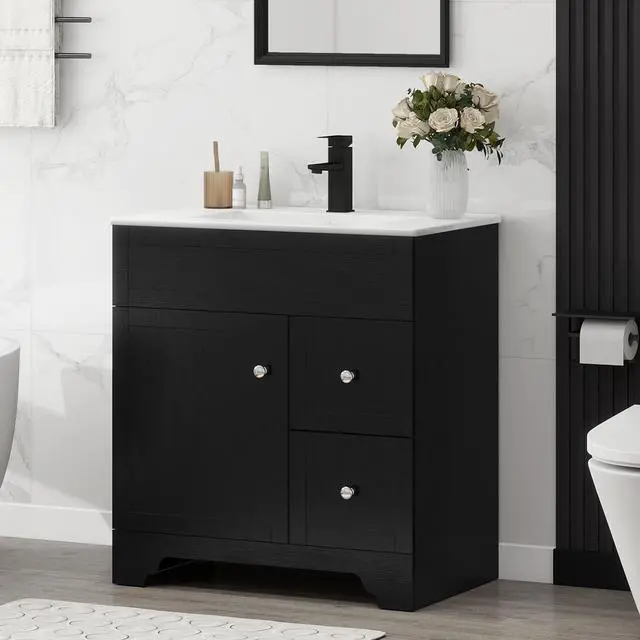 Main image of 30" Bathroom Vanity with Sink Combo, Modern Bathroom Storage Vanities Set with 2 Drawers and 1 Soft Closing Door, Ceramic Undermount Sink, Faucet & Pop Up Drain Set, Black