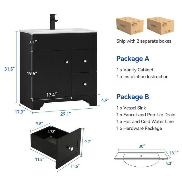 Alt view image 2 of 6 - 30" Bathroom Vanity with Sink Combo, Modern Bathroom Storage Vanities Set with 2 Drawers and 1 Soft Closing Door, Ceramic Undermount Sink, Faucet & Pop Up Drain Set, Black