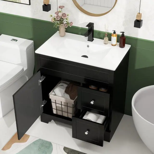 Alt view image 3 of 6 - 30" Bathroom Vanity with Sink Combo, Modern Bathroom Storage Vanities Set with 2 Drawers and 1 Soft Closing Door, Ceramic Undermount Sink, Faucet & Pop Up Drain Set, Black
