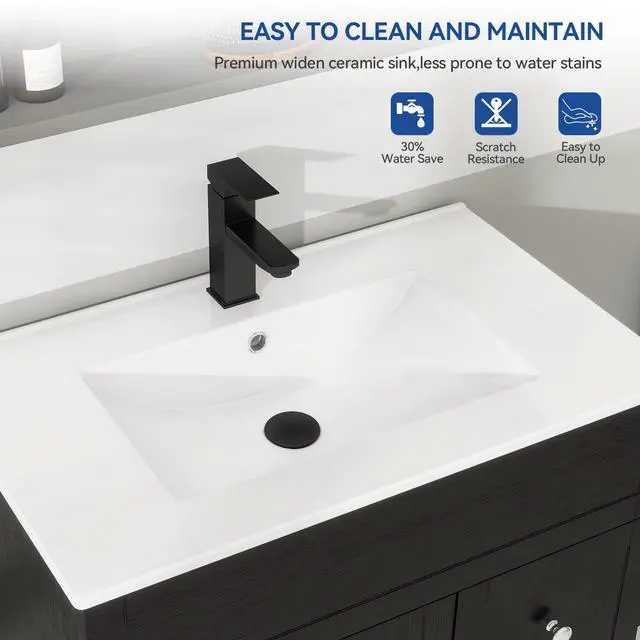 Alt view image 4 of 6 - 30" Bathroom Vanity with Sink Combo, Modern Bathroom Storage Vanities Set with 2 Drawers and 1 Soft Closing Door, Ceramic Undermount Sink, Faucet & Pop Up Drain Set, Black