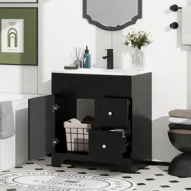 Alt view image 5 of 6 - 30" Bathroom Vanity with Sink Combo, Modern Bathroom Storage Vanities Set with 2 Drawers and 1 Soft Closing Door, Ceramic Undermount Sink, Faucet & Pop Up Drain Set, Black