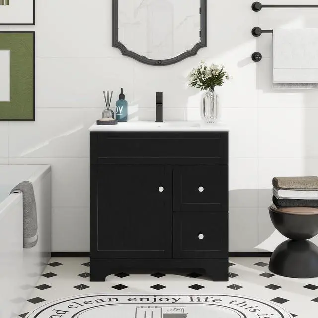 Alt view image 6 of 6 - 30" Bathroom Vanity with Sink Combo, Modern Bathroom Storage Vanities Set with 2 Drawers and 1 Soft Closing Door, Ceramic Undermount Sink, Faucet & Pop Up Drain Set, Black