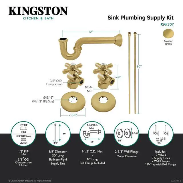 Alt view image 3 of 3 - KPK207 Gourmet Scape Plumbing Supply Kit with 1-1/2" P-Trap - 1/2" IPS Inlet x 3/8" Comp Oulet, Brushed Brass