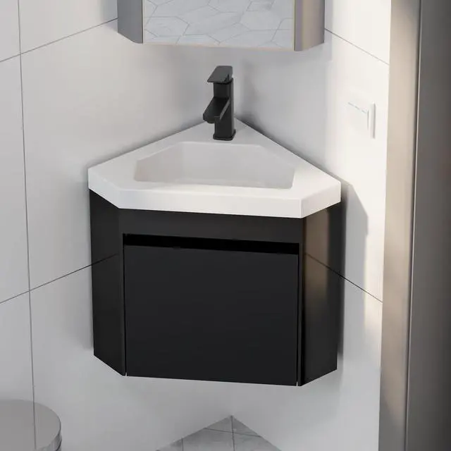 Main image of 22" Corner Bathroom Vanity Sink Combo for Small Space Wall Mounted Floating Cabinet with White Resin Sink and Matte Black Faucet, Black