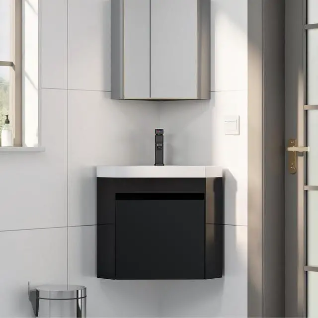 Alt view image 2 of 6 - 22" Corner Bathroom Vanity Sink Combo for Small Space Wall Mounted Floating Cabinet with White Resin Sink and Matte Black Faucet, Black