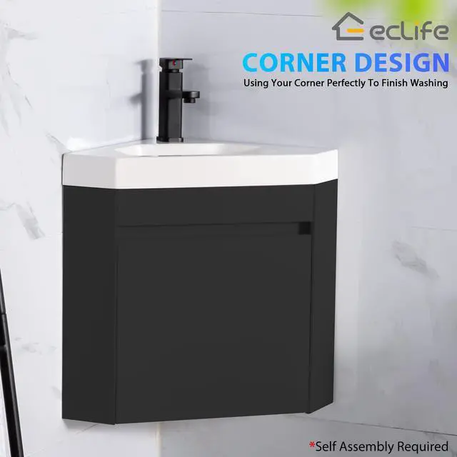 Alt view image 3 of 6 - 22" Corner Bathroom Vanity Sink Combo for Small Space Wall Mounted Floating Cabinet with White Resin Sink and Matte Black Faucet, Black