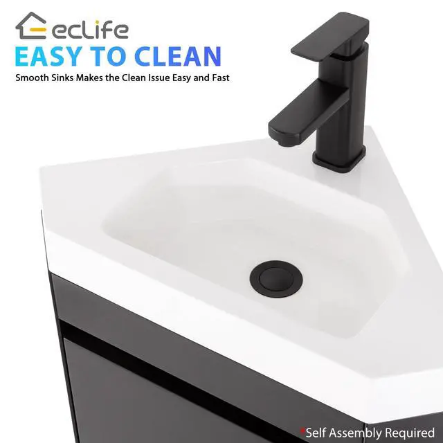 Alt view image 6 of 6 - 22" Corner Bathroom Vanity Sink Combo for Small Space Wall Mounted Floating Cabinet with White Resin Sink and Matte Black Faucet, Black