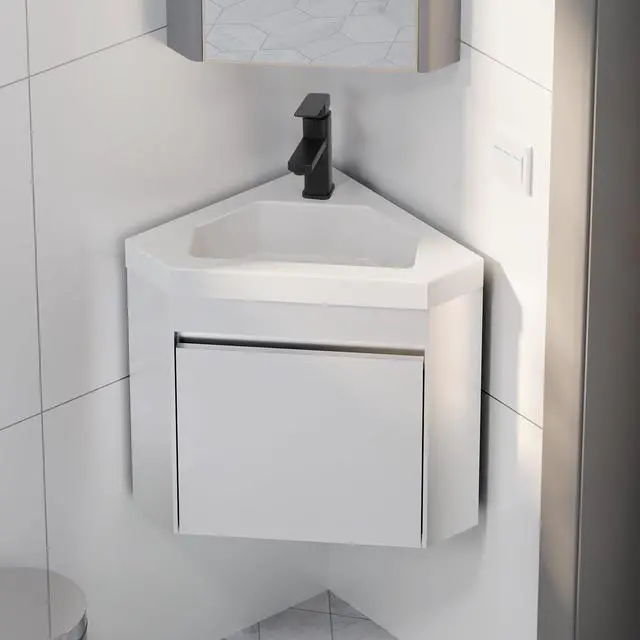 Main image of 22" Corner Bathroom Vanity Sink Combo for Small Space Wall Mounted Floating Cabinet with White Resin Sink and Matte Black Faucet, White