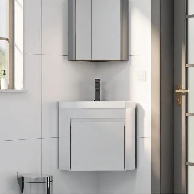Alt view image 2 of 6 - 22" Corner Bathroom Vanity Sink Combo for Small Space Wall Mounted Floating Cabinet with White Resin Sink and Matte Black Faucet, White
