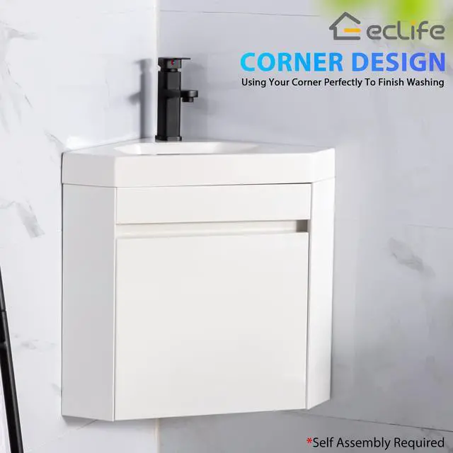 Alt view image 3 of 6 - 22" Corner Bathroom Vanity Sink Combo for Small Space Wall Mounted Floating Cabinet with White Resin Sink and Matte Black Faucet, White