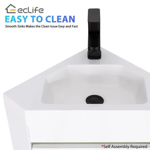Alt view image 4 of 6 - 22" Corner Bathroom Vanity Sink Combo for Small Space Wall Mounted Floating Cabinet with White Resin Sink and Matte Black Faucet, White