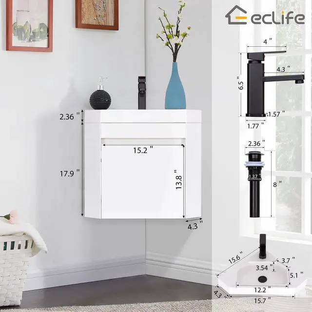 Alt view image 6 of 6 - 22" Corner Bathroom Vanity Sink Combo for Small Space Wall Mounted Floating Cabinet with White Resin Sink and Matte Black Faucet, White