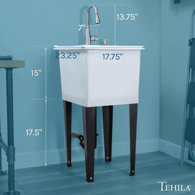 Alt view image 2 of 6 - White Space Saver Utility Sink by, Freestanding Tehila Space Saving Laundry Tub, Stainless Steel Pull-Down Faucet, Soap Dispenser