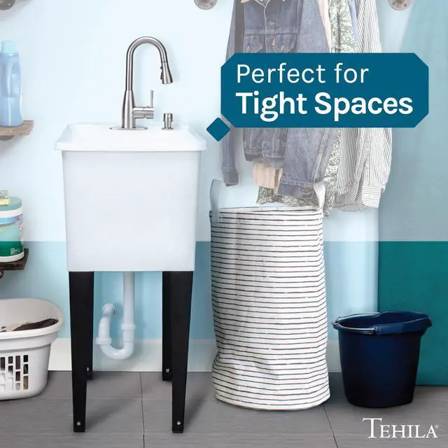 Alt view image 3 of 6 - White Space Saver Utility Sink by, Freestanding Tehila Space Saving Laundry Tub, Stainless Steel Pull-Down Faucet, Soap Dispenser