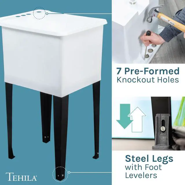 Alt view image 6 of 6 - White Space Saver Utility Sink by, Freestanding Tehila Space Saving Laundry Tub, Stainless Steel Pull-Down Faucet, Soap Dispenser