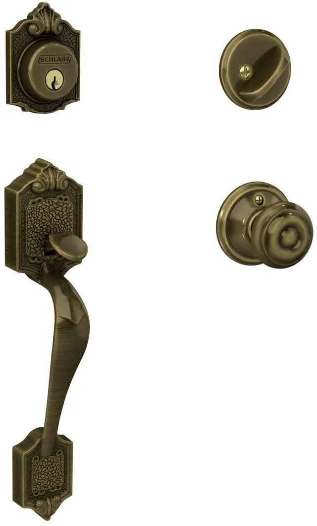 Main image of F60 V PAR 609 GEO Parthenon Front Entry Handleset with Georgian Knob, Deadbolt Keyed 1 Side, Antique Brass