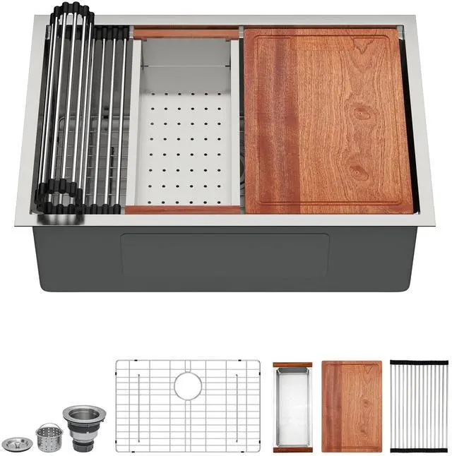 Main image of 27 Inch Undermount Kitchen Sink, 16 Gauge 304 Stainless Steel 27x19 Undermount Workstation Sink, Single Bowl Under Mount Handmade Deep Basin, 27''x19''x10'
