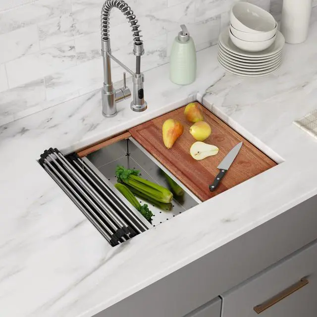 Alt view image 3 of 6 - 27 Inch Undermount Kitchen Sink, 16 Gauge 304 Stainless Steel 27x19 Undermount Workstation Sink, Single Bowl Under Mount Handmade Deep Basin, 27''x19''x10'