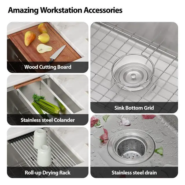 Alt view image 5 of 6 - 27 Inch Undermount Kitchen Sink, 16 Gauge 304 Stainless Steel 27x19 Undermount Workstation Sink, Single Bowl Under Mount Handmade Deep Basin, 27''x19''x10'