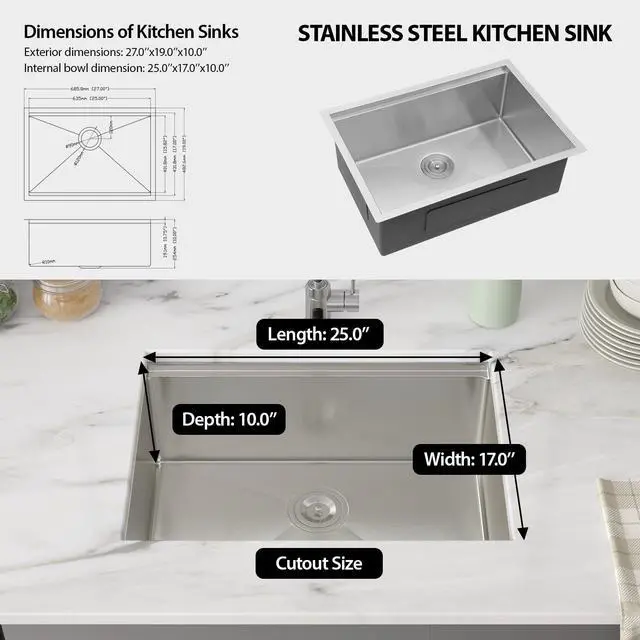 Alt view image 6 of 6 - 27 Inch Undermount Kitchen Sink, 16 Gauge 304 Stainless Steel 27x19 Undermount Workstation Sink, Single Bowl Under Mount Handmade Deep Basin, 27''x19''x10'