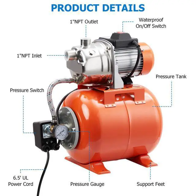Alt view image 2 of 6 - 1.6HP Shallow Well Pump with Pressure Tank, Stainless Steel, 115V Irrigation Pump, Automatic Water Booster Jet Pump for Home, Garden, Lawn
