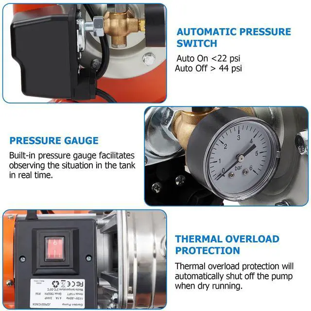 Alt view image 3 of 6 - 1.6HP Shallow Well Pump with Pressure Tank, Stainless Steel, 115V Irrigation Pump, Automatic Water Booster Jet Pump for Home, Garden, Lawn