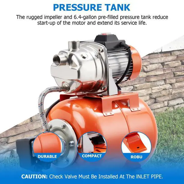 Alt view image 4 of 6 - 1.6HP Shallow Well Pump with Pressure Tank, Stainless Steel, 115V Irrigation Pump, Automatic Water Booster Jet Pump for Home, Garden, Lawn