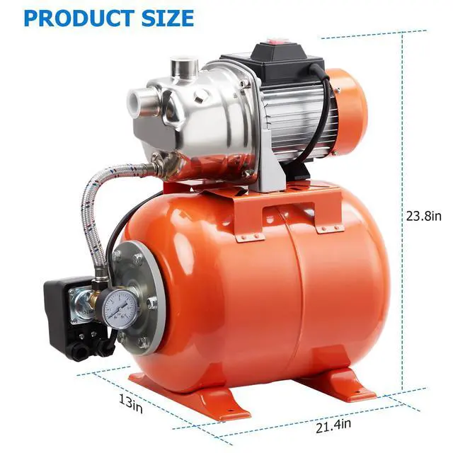 Alt view image 5 of 6 - 1.6HP Shallow Well Pump with Pressure Tank, Stainless Steel, 115V Irrigation Pump, Automatic Water Booster Jet Pump for Home, Garden, Lawn